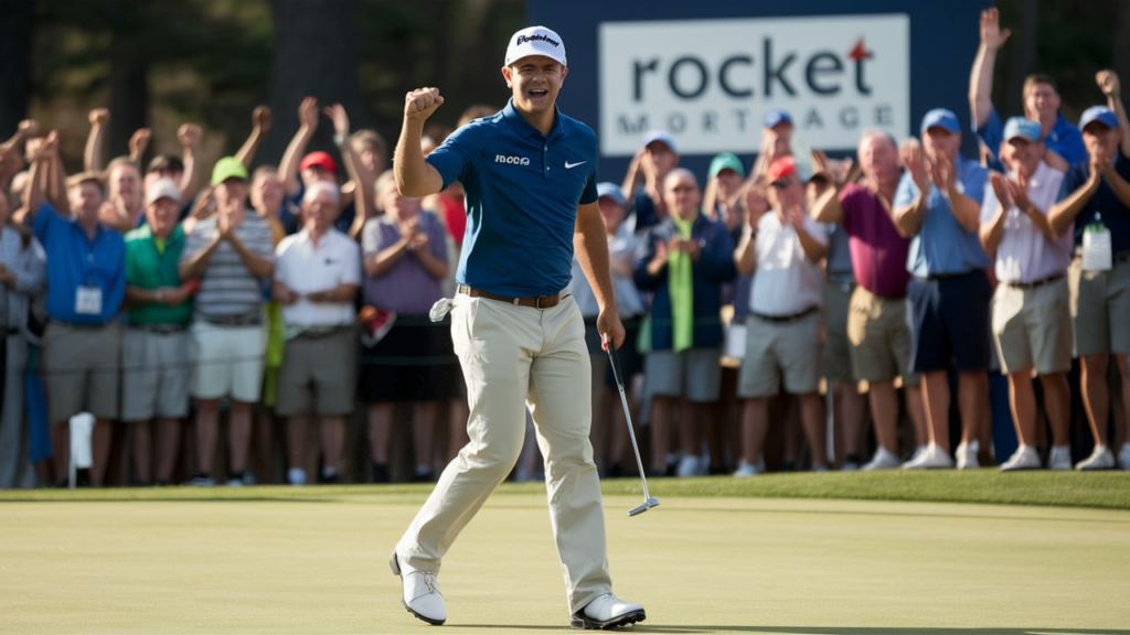 Cam Davis celebrates a clutch birdie putt at Rocket Mortgage Classic 2025.