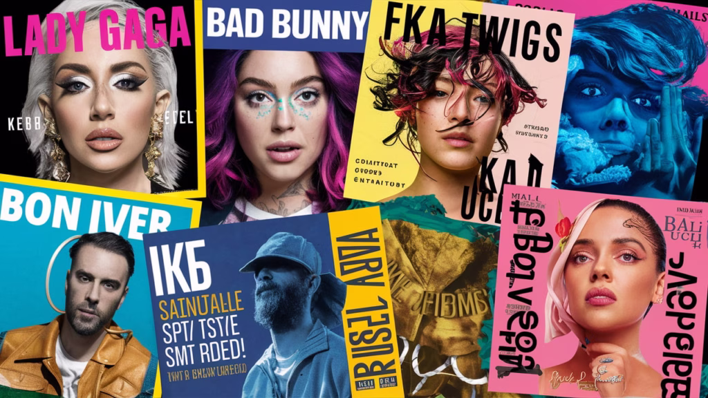 Best Albums of 2025 So Far: Gaga, Bad Bunny & Twigs Unleash Hits 1 A vibrant mosaic featuring the album cover art of Bad Bunny, Bon Iver, Lady Gaga, FKA Twigs, and Kali Uchis.