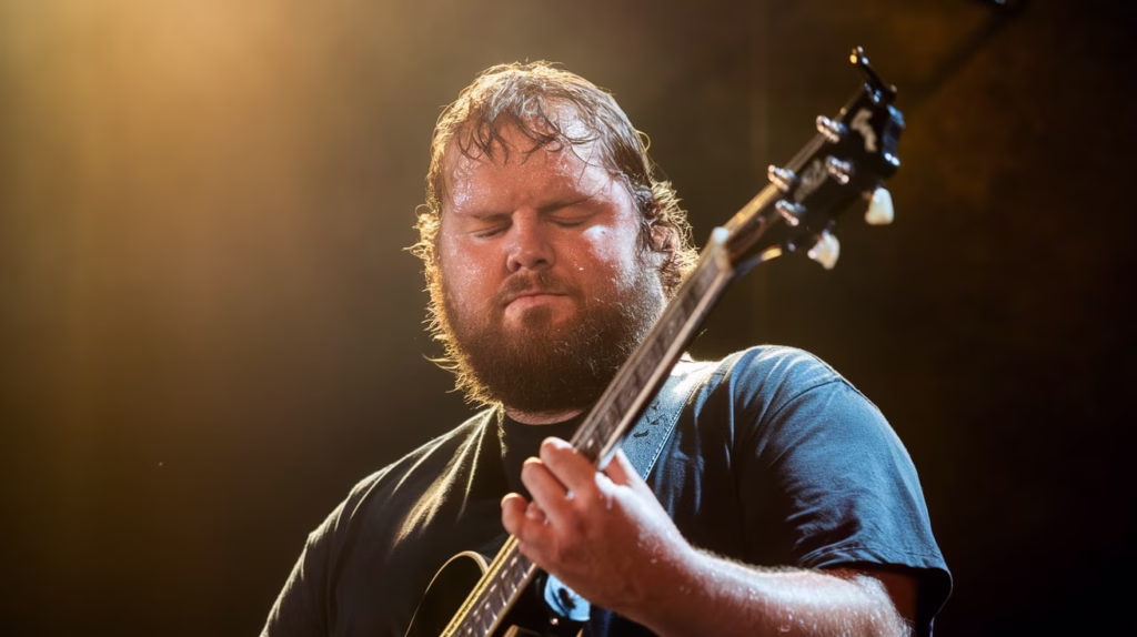 Close-up of Luke Combs performing an emotional guitar solo