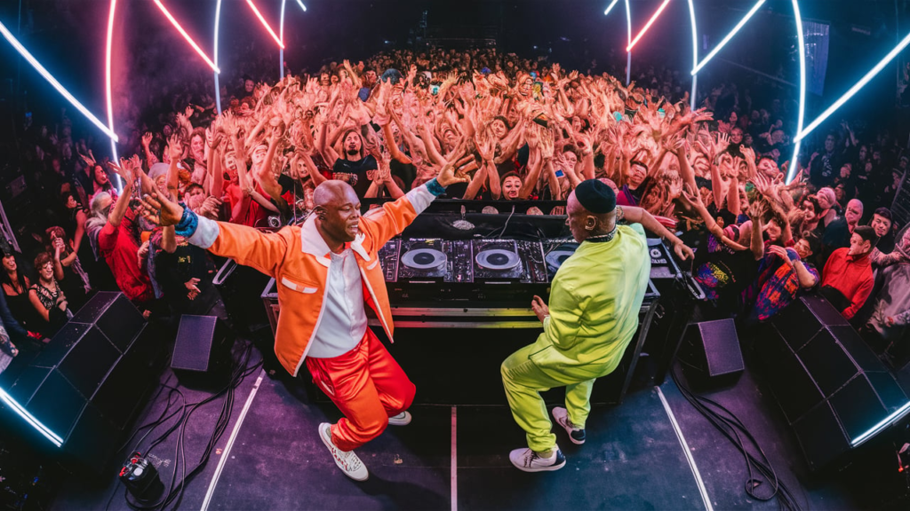 Explore Wonders Live Recap: Confidence Man B2B Job Jobse at Silver Hayes 2 “Confidence Man and Job Jobse performing back-to-back on the turntables with vibrant neon lighting.”