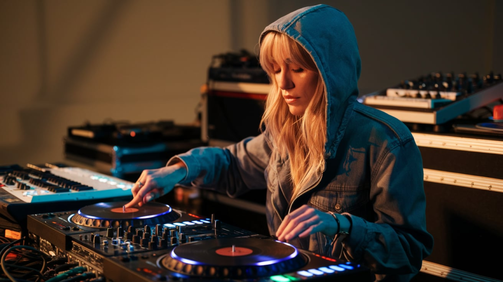 Marie Davidson mixing behind decks with synths and records