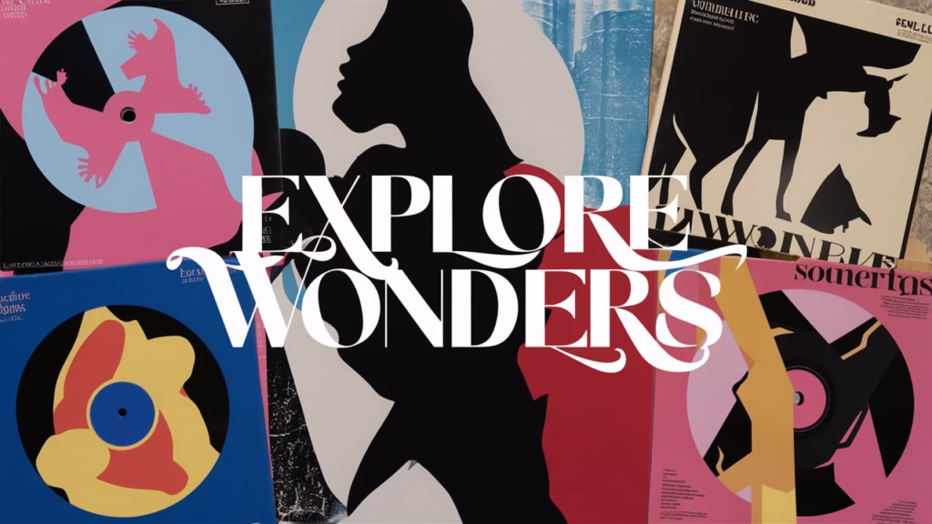 Collage of vinyl records with abstract erotic imagery and ‘Explore Wonders’ text