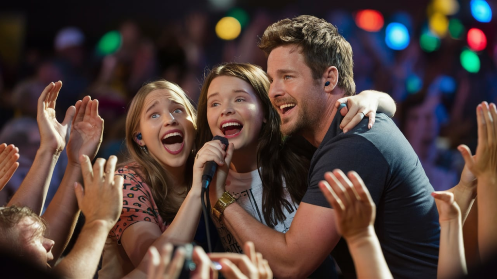 Two thrilled fans join Luke Bryan onstage, sharing the microphone for an unforgettable moment.