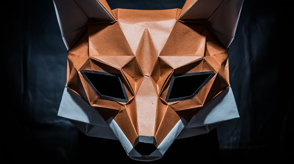 “A haunting origami fox mask symbolizing the Game’s hidden orchestrators.”
