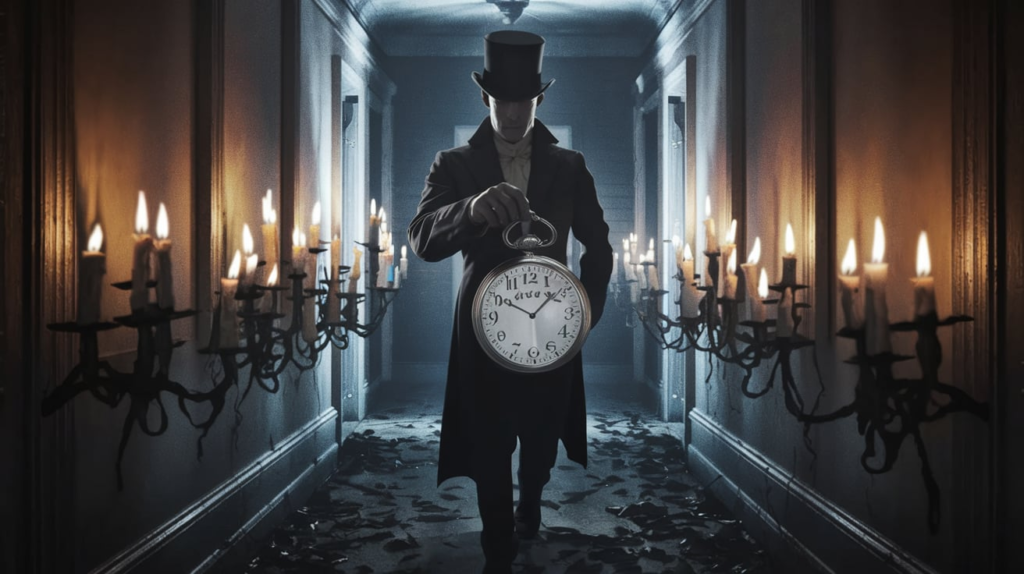 “Silhouette of Front Man holding a silver pocket watch in a dim corridor.”