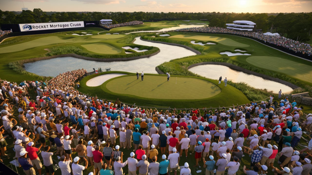  Aerial view of the Detroit Golf Club during the Rocket Mortgage Classic 2025.
