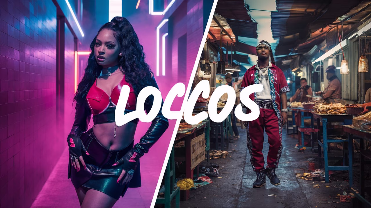 Split-screen of Saweetie and Santa Fe Klan in contrasting urban settings