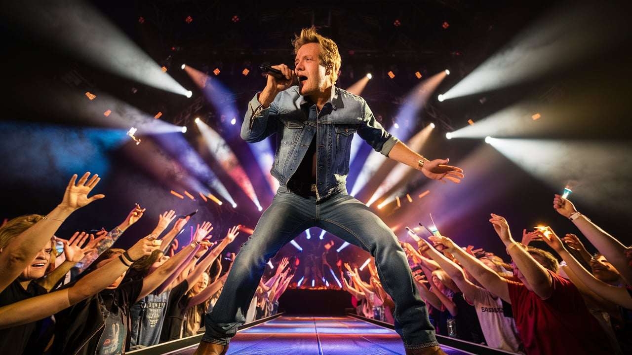 Luke Bryan performs “Country Song Came On” under vibrant lights with an excited crowd in the foreground.