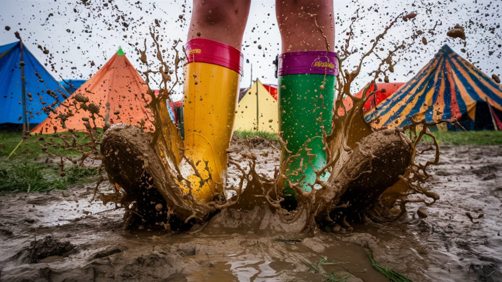  “Mud-splashing wellies at a Glastonbury campsite”