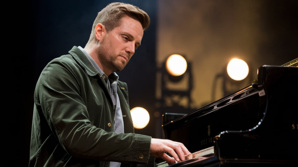Luke Bryan seated at a piano under a spotlight delivering an intimate rendition of “Strip It Down.”