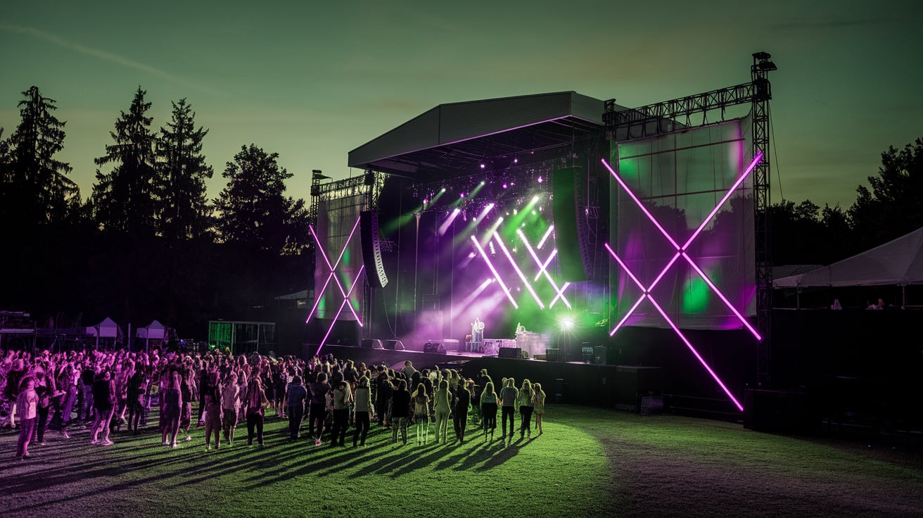 Panorama of Silver Hayes stage with neon lights and packed crowd