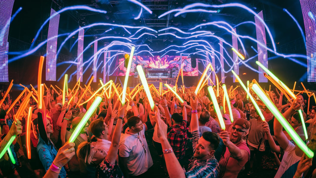 Crowd dancing under UV lights at Silver Hayes