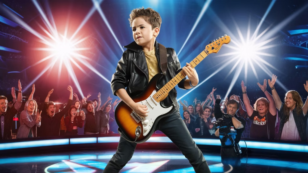 10-year-old Bay Melnick Virgolino playing electric guitar during America’s Got Talent 2025 performance on a brightly lit stage with crowd cheering