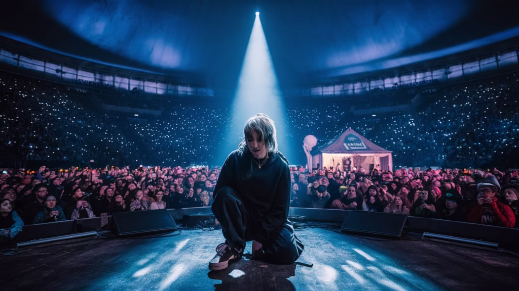 Billie Eilish performing on a 360-degree stage at London’s O₂ Arena during her Hit Me Hard and Soft Tour 2025