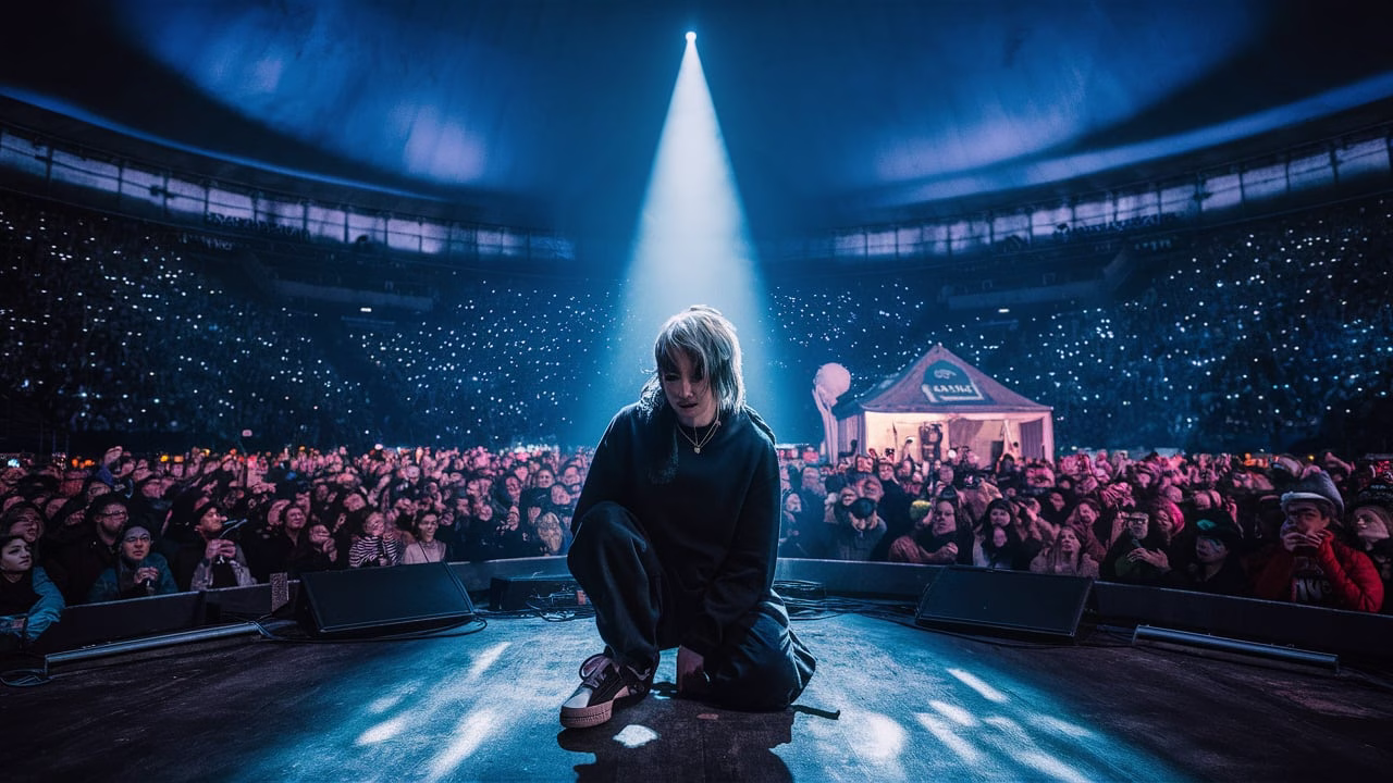 Billie Eilish performing on a 360-degree stage at London’s O₂ Arena during her Hit Me Hard and Soft Tour 2025