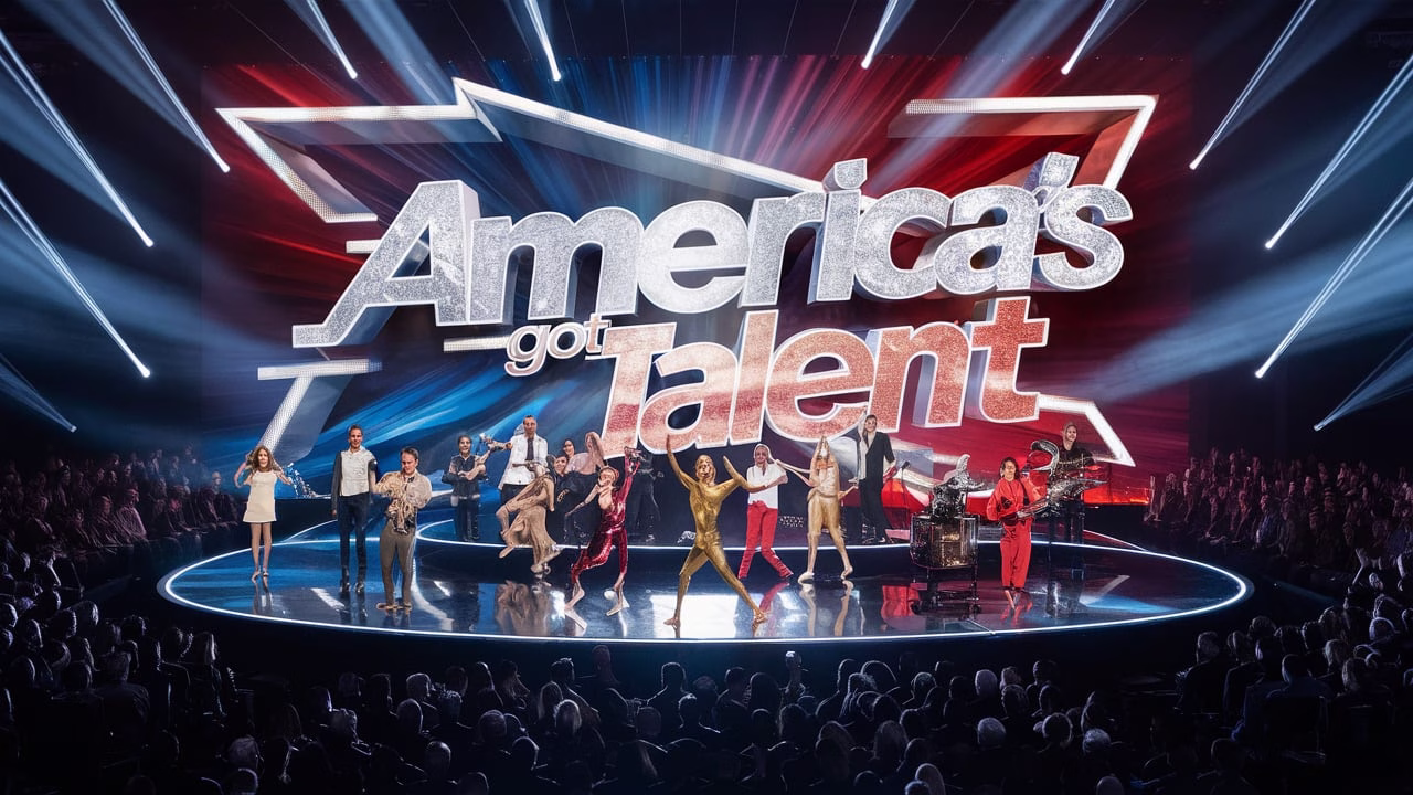 "America's Got Talent Season 20 Episode 8 stage with spotlighted performers, judges' panel in the foreground, and a vibrant audience cheering in the background during July 29, 2025 auditions."
