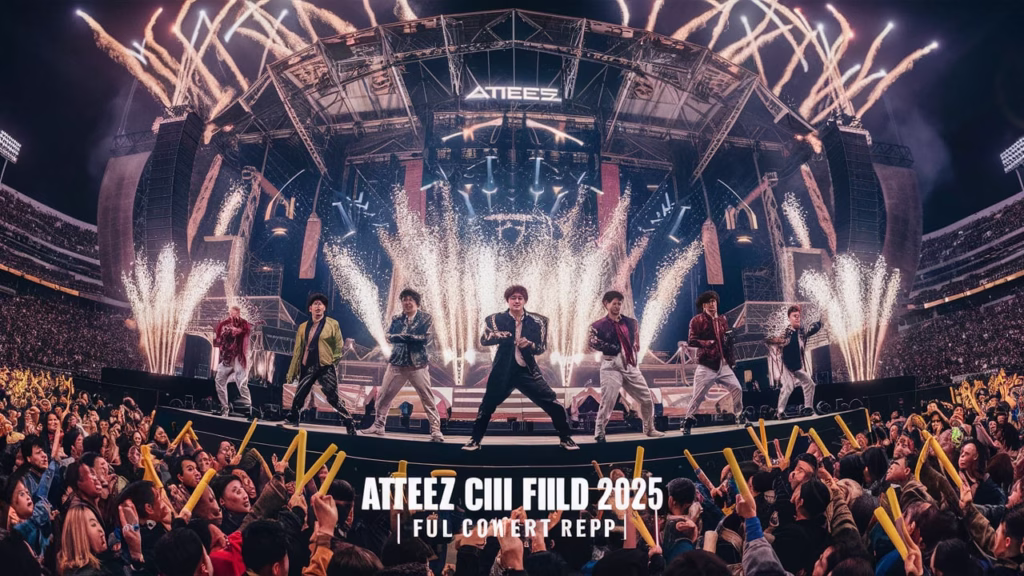 “ATEEZ performing live on stage at Citi Field NYC during In Your Fantasy 2025 U.S. tour with vibrant stage lights and excited fans waving lightsticks”