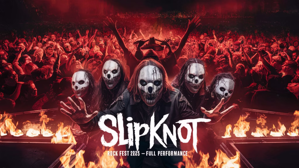 "Slipknot live at Rock Fest 2025 in Cadott, WI – full performance with flames, crowd chaos, and Corey Taylor in mask"