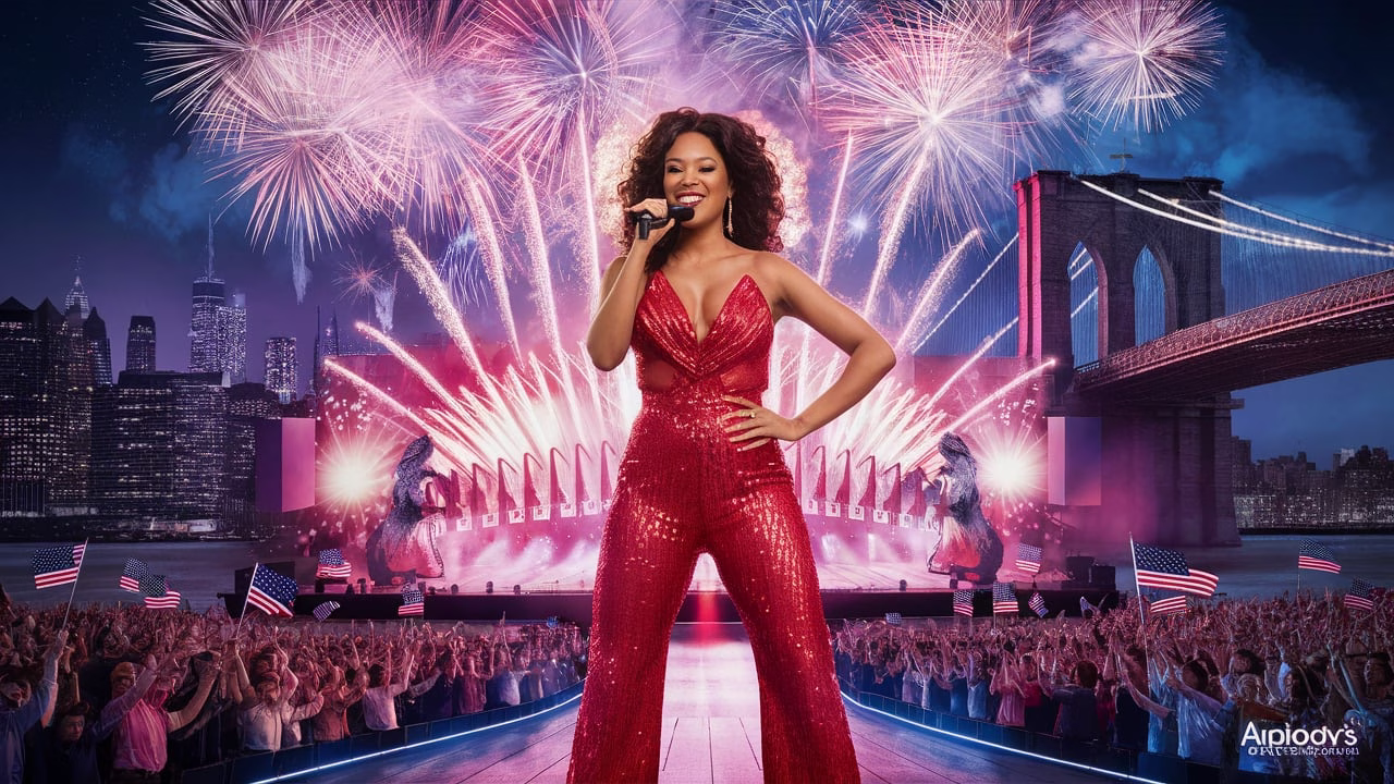 Ariana DeBose performing live at Macy’s Fireworks 2025 under a night sky filled with colorful fireworks and patriotic stage lighting