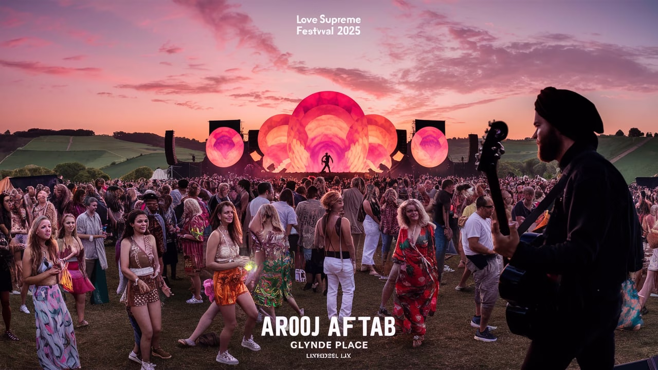 "Arooj Aftab performing at Love Supreme Festival 2025 Day 3 in Glynde Place with sunset crowd and ambient stage visuals"