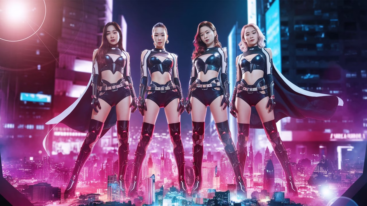 BLACKPINK in futuristic superhero‑style outfits from the “JUMP” music video during DEADLINE World Tour era