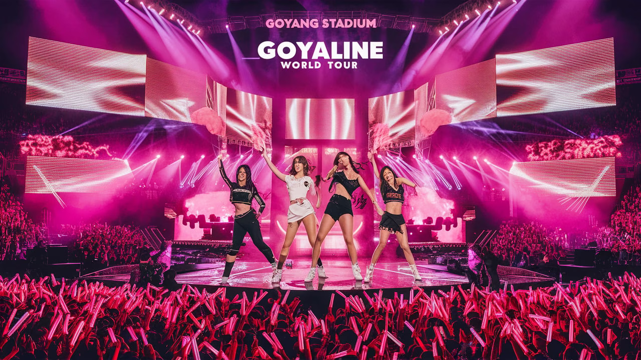 BLACKPINK performing “JUMP” live at Goyang Stadium during the DEADLINE World Tour kickoff, with vibrant stage lighting and a cheering crowd.