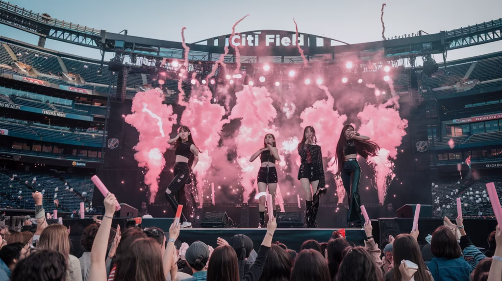 BLACKPINK performing live at Citi Field 2025 under pink fireworks with fans waving lightsticks in the foreground.