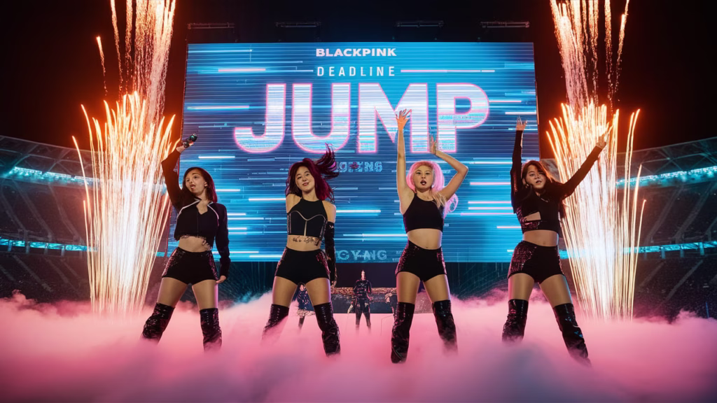 BLACKPINK performs ‘JUMP’ live at Goyang Stadium 2025 in neon-lit cyberpunk outfits with pyrotechnics and synchronized jump choreography.