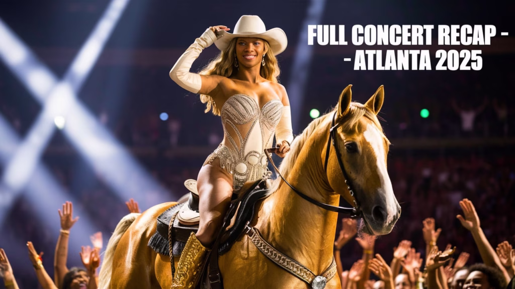 Beyoncé performs “16 Carriages” on a golden horse at Cowboy Carter Tour Atlanta 2025