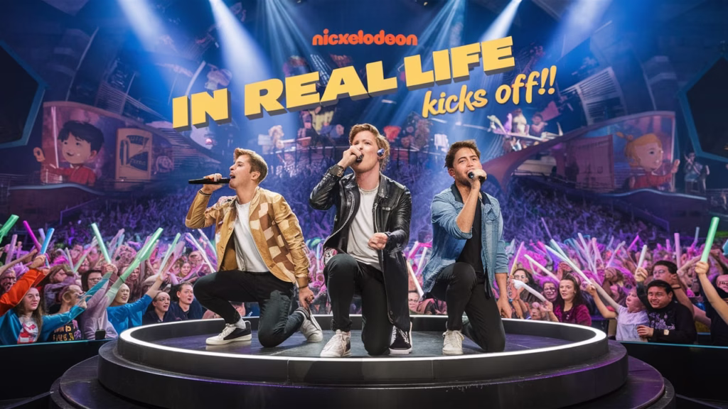 Big Time Rush live on stage during the “In Real Life Worldwide Tour” 2025 premiere in Birmingham, performing Nickelodeon-era songs to thousands of fans.