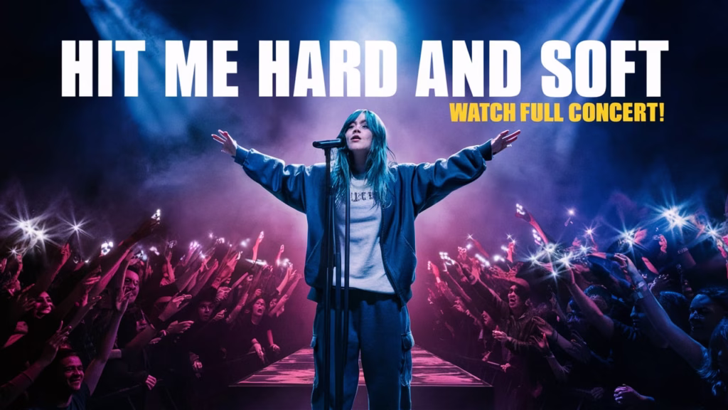 Billie Eilish performing live on her HIT ME HARD AND SOFT Tour 2025 under cinematic lighting with fans cheering.