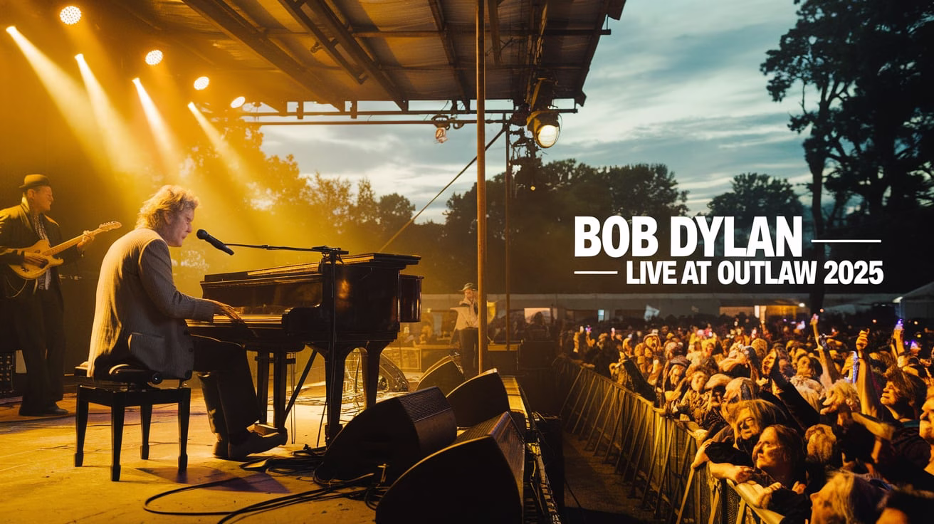Bob Dylan performing live at the Outlaw Music Festival 2025, illuminated by stage lights with piano and harmonica. Fans raising lights in the background.