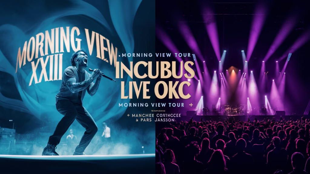 Brandon Boyd of Incubus performing Morning View live in Oklahoma City at Zoo Amphitheatre with fans cheering under blue stage lights – July 7, 2025.
