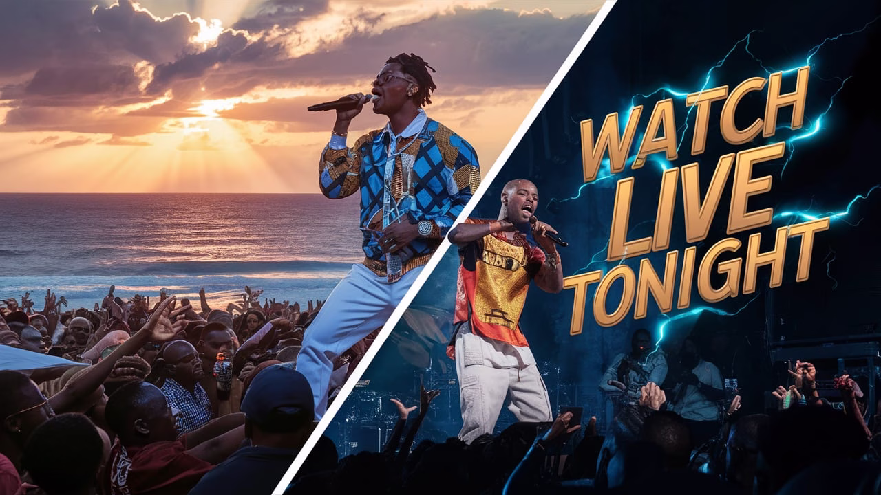 Burna Boy and Tems performing live on stage at Afro Nation Portugal 2025, with sunset over Praia da Rocha beach and bold “Watch Live Tonight” festival banner.