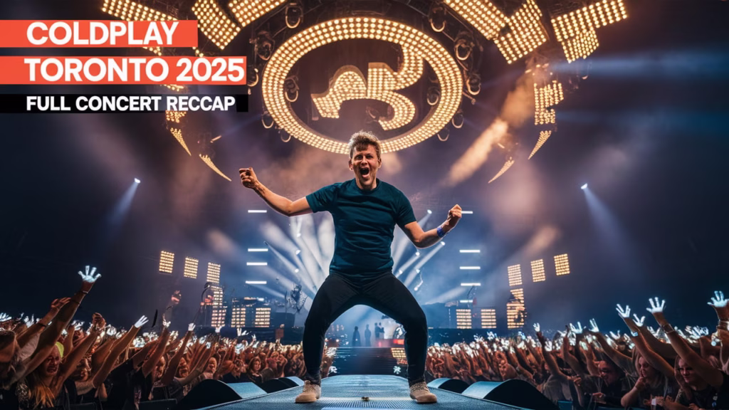 Chris Martin performs live at Rogers Stadium in Toronto during Coldplay’s Music of the Spheres Tour on July 7, 2025, with glowing LED wristbands in the crowd.