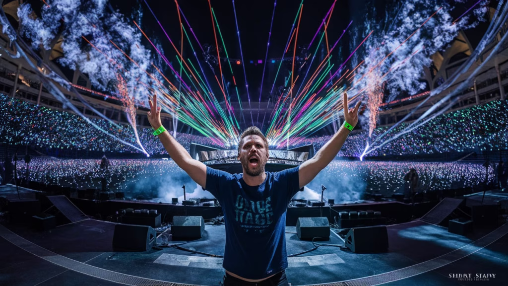Coldplay performing at Hard Rock Stadium during the Music of the Spheres tour with Chris Martin on stage and thousands of fans with glowing LED wristbands creating a spectacular light display