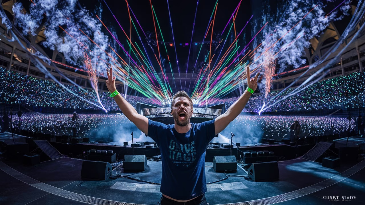 Coldplay performing at Hard Rock Stadium during the Music of the Spheres tour with Chris Martin on stage and thousands of fans with glowing LED wristbands creating a spectacular light display