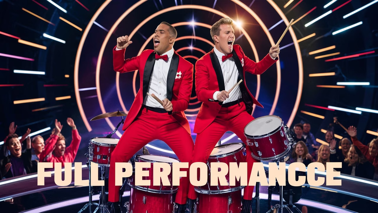Crash Adams performing their original song Optimist on America’s Got Talent 2025 stage in red suits.