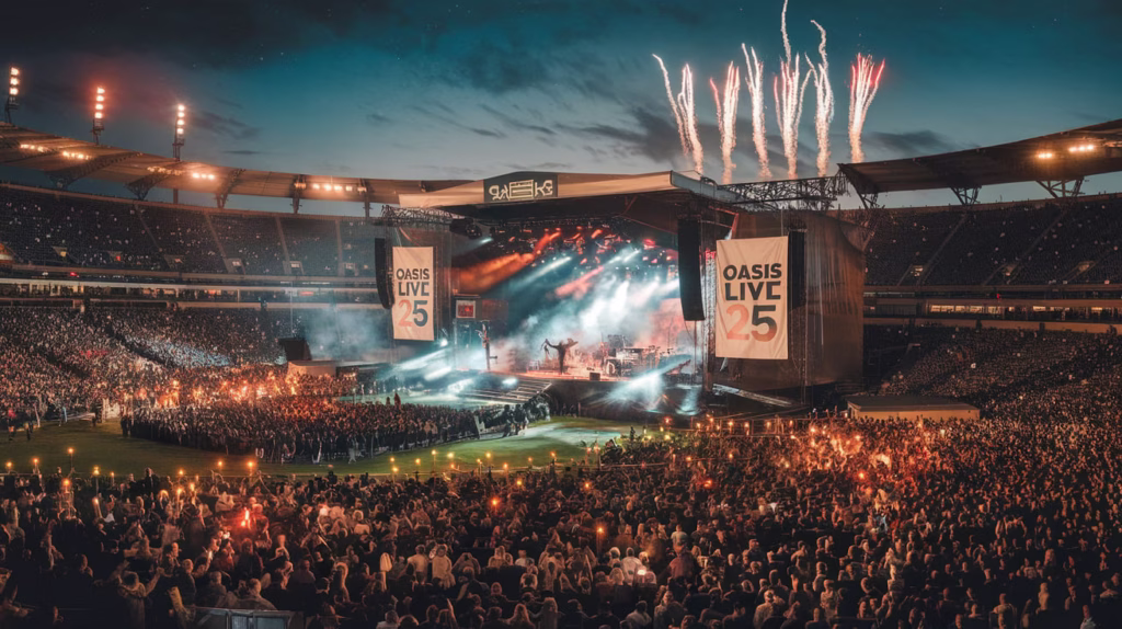 Crowd lights up Principality Stadium during Oasis Live 2025 reunion concert in Cardiff.
