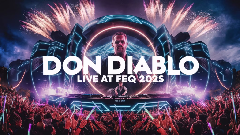 Don Diablo performing live on the Bell Stage at Festival d’été de Québec 2025, surrounded by a massive glowing crowd under flashing lights and fireworks.