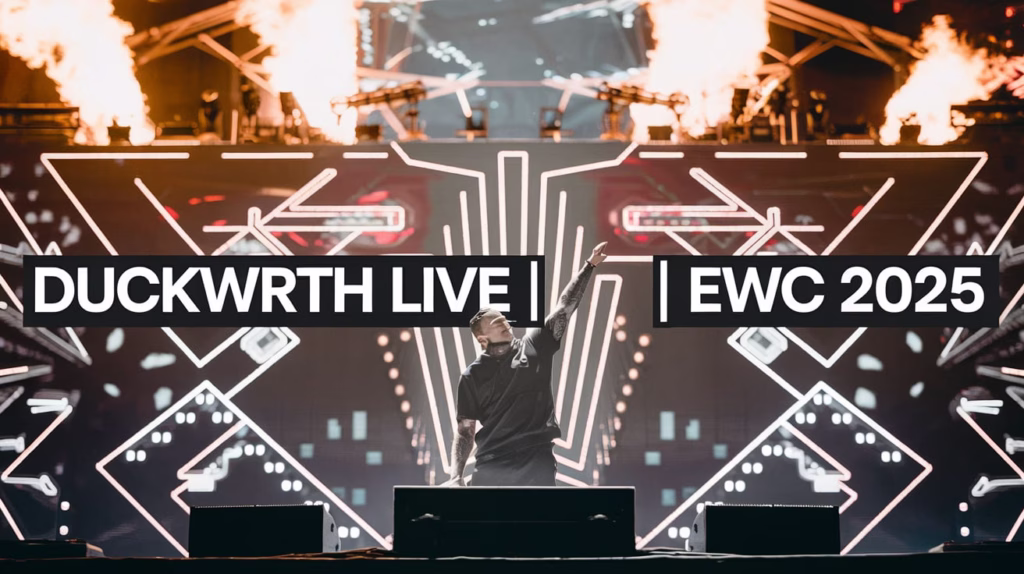 Duckwrth performs “Til My Fingers Bleed” live at the Esports World Cup 2025 Opening Ceremony in Riyadh, backed by LED visuals and special effects.