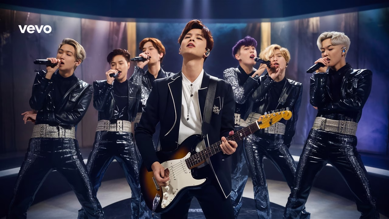 ENHYPEN Helium live performance at Vevo Studios with Jay playing guitar in the center.