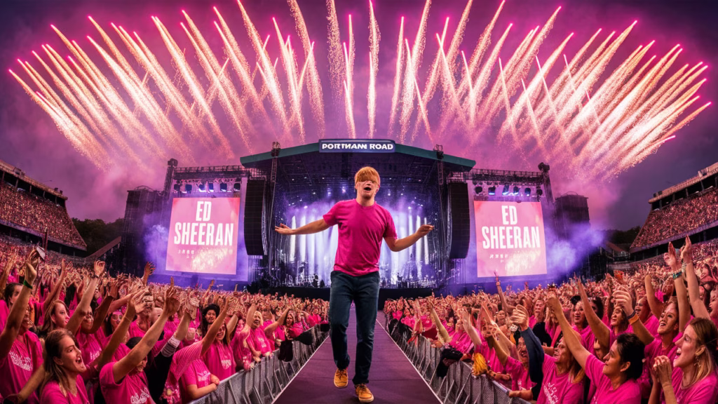 “Ed Sheeran performing live at Portman Road Stadium Ipswich during his 2025 homecoming concert with enthusiastic pink-shirted crowd.”