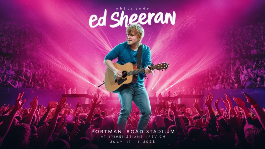 Ed Sheeran performing live at Portman Road Stadium in Ipswich on July 11, 2025, with vibrant pink stage lighting and a cheering audience.