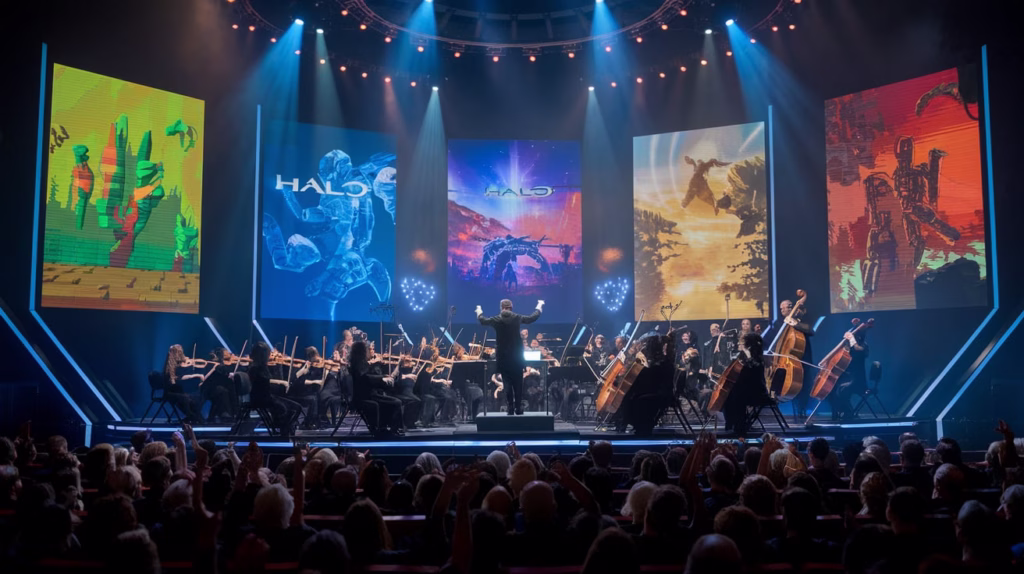 Video Game Music Concerts Are Redefining Live Entertainment — Watch How 2 “Epic video game music concert with orchestra performing live gaming soundtracks under cinematic lights”