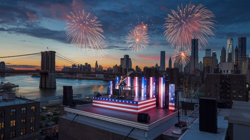 Eric Church performs on a rooftop stage during Macy’s 4th of July Fireworks 2025, with NYC skyline and fireworks behind him.