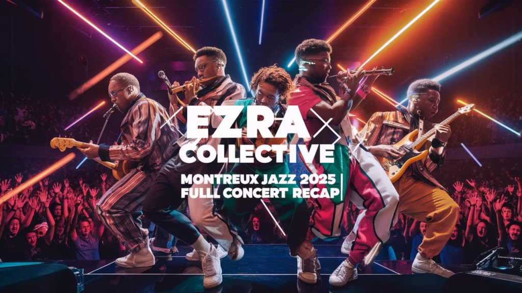Ezra Collective performing live on stage at Montreux Jazz Festival 2025 with crowd cheering and colorful lights