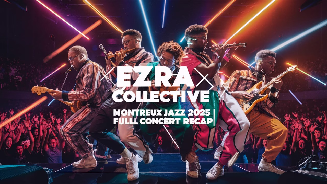 Ezra Collective performing live on stage at Montreux Jazz Festival 2025 with crowd cheering and colorful lights