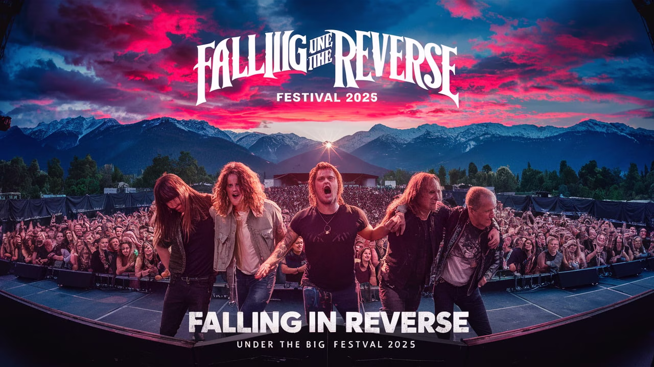 “Falling In Reverse performing live on stage at Under the Big Sky Festival 2025 with vibrant stage lights and mountain backdrop”