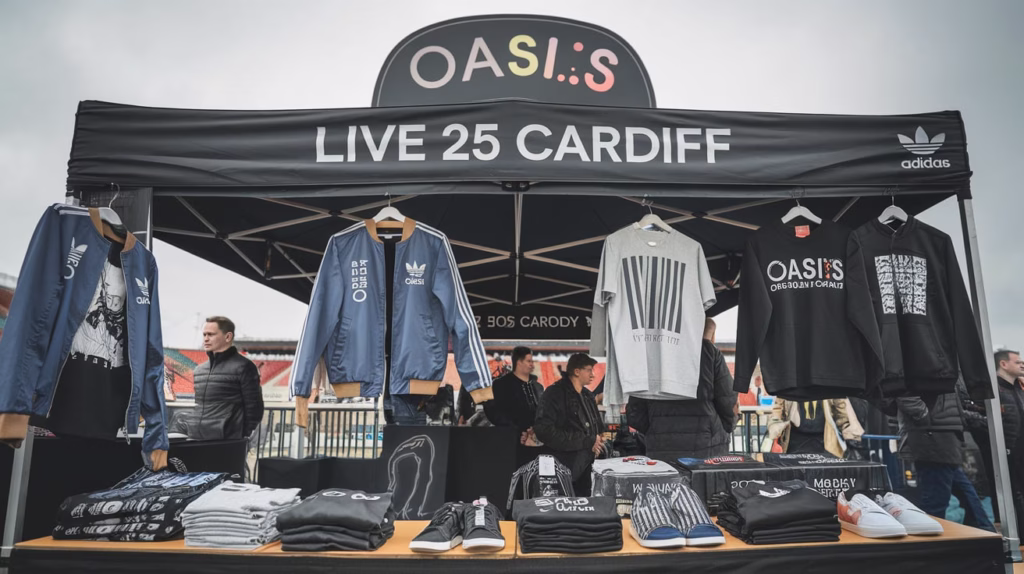 Fans browse Oasis Live 25 Adidas merchandise outside Cardiff’s Principality Stadium during the 2025 reunion tour.